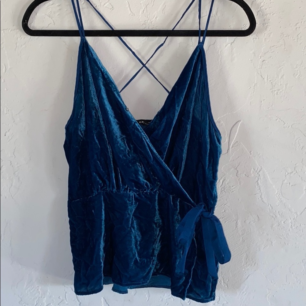 Blue velvet peplum tie top
